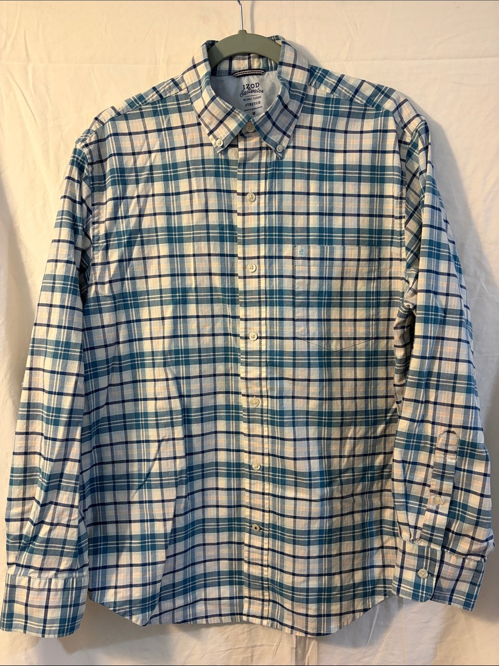 Izod Saltwater Men’s Teal and White Plaid Button-Down Shirt